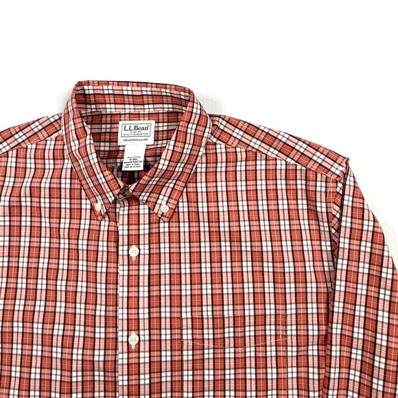 L.L. Bean Other - LL Bean Mens Traditional Fit Plaid Button Down Shirt Orange White Cotton M‎ REG